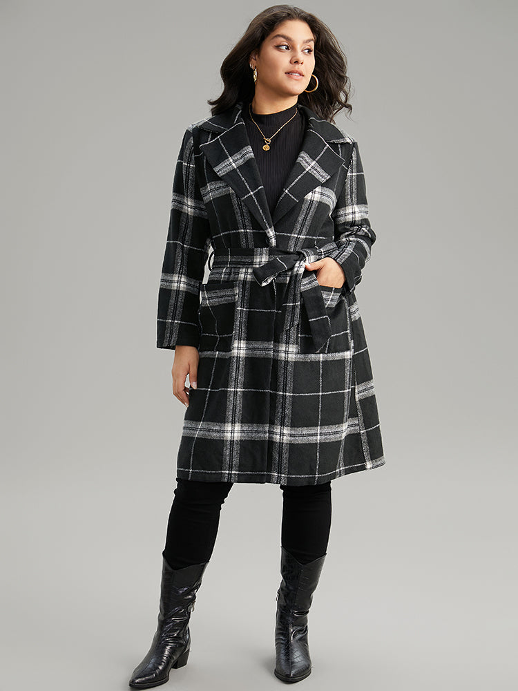 Lapel Collar Plaid Belted Contrast Coat