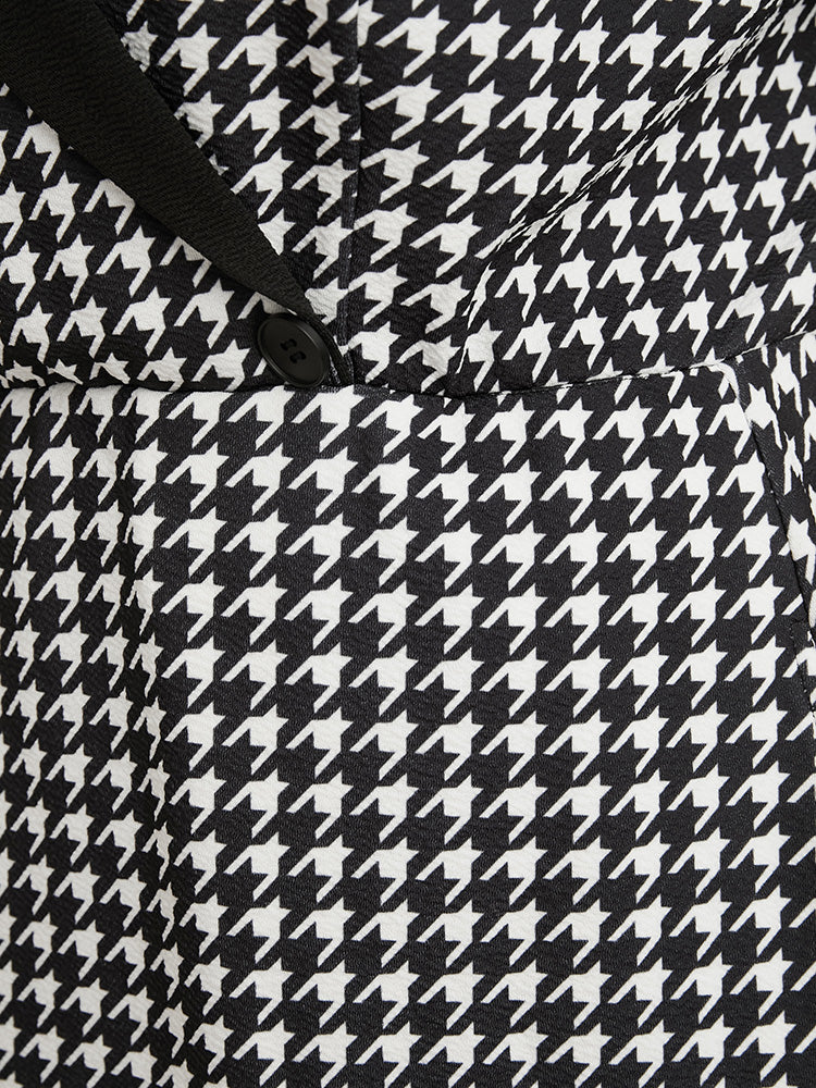 Contrast Trim Suit Collar Pocket Ruffle Hem Houndstooth Dress