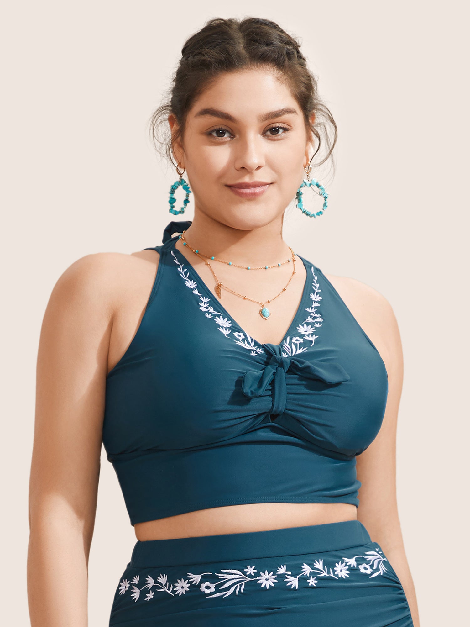 Plus Size Swim Tops | Floral Embroidered Knot Ruched Swim Top | BloomChic