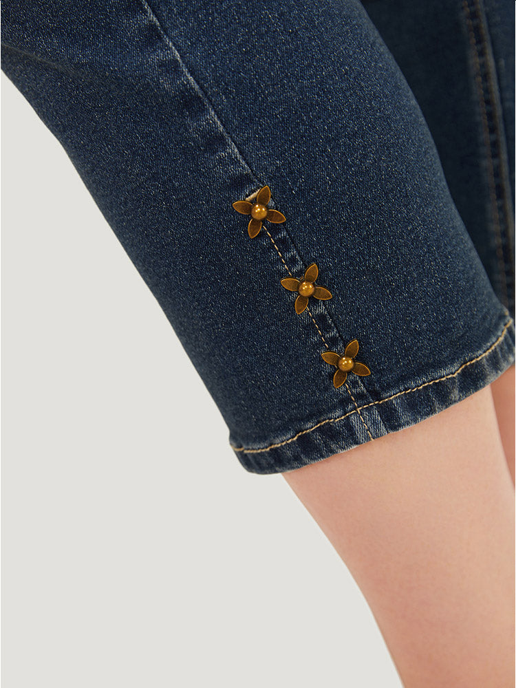 Very Stretchy High Rise  Dark Wash Beaded Detail Cropped Jeans