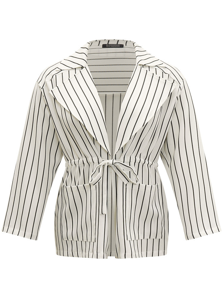 Striped Suit Collar Drawstring Patch Pocket Jacket