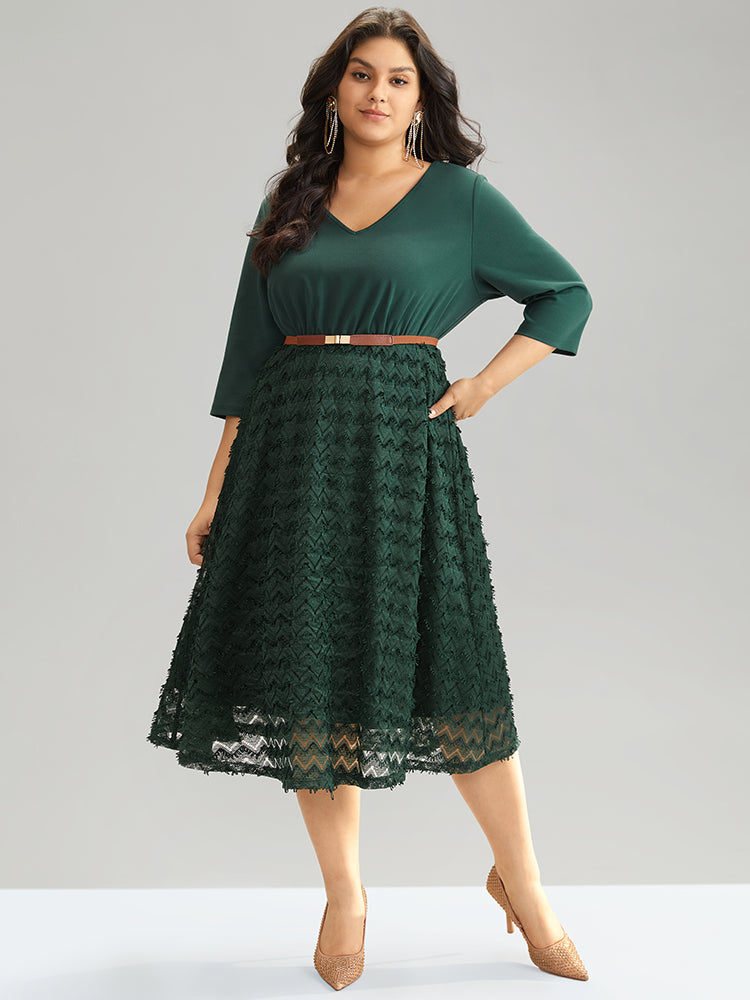 BloomChic Plus Size Dark Green V-Neck Midi Dress, Texture Mesh Patchwork Elastic Waist, 14-16/1X