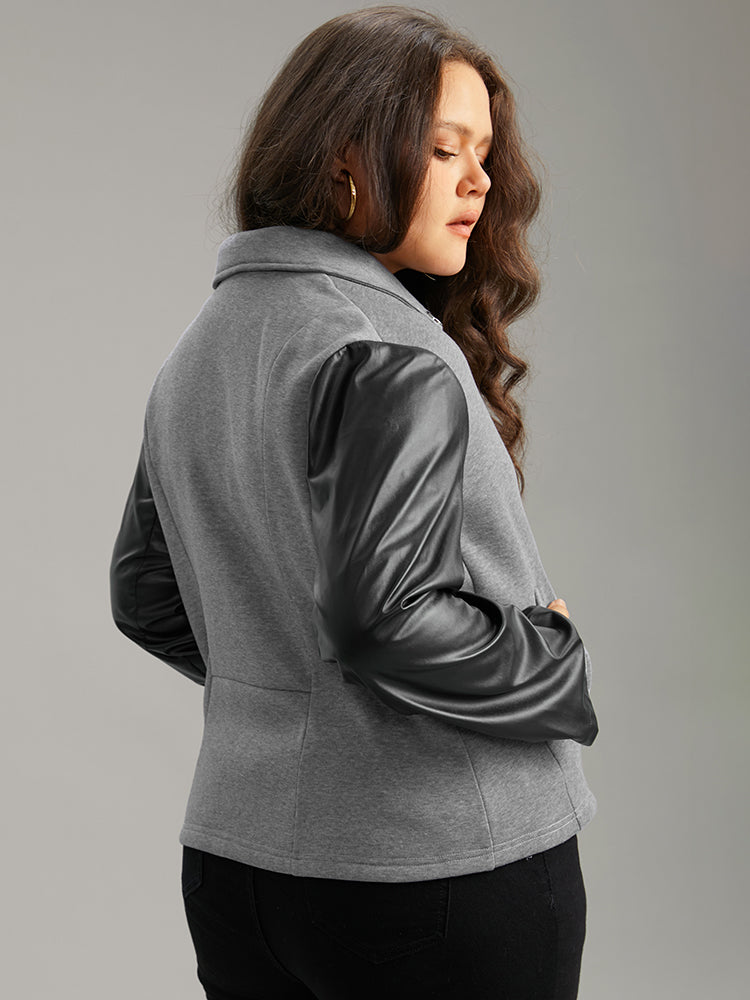 PU Leather Zipper Contrast Button Detail Jacket