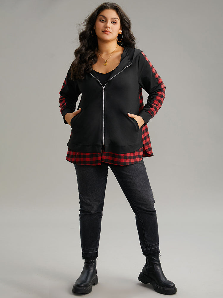 Plaid Patchwork Zipper Hooded Asymmetrical Hem Jacket