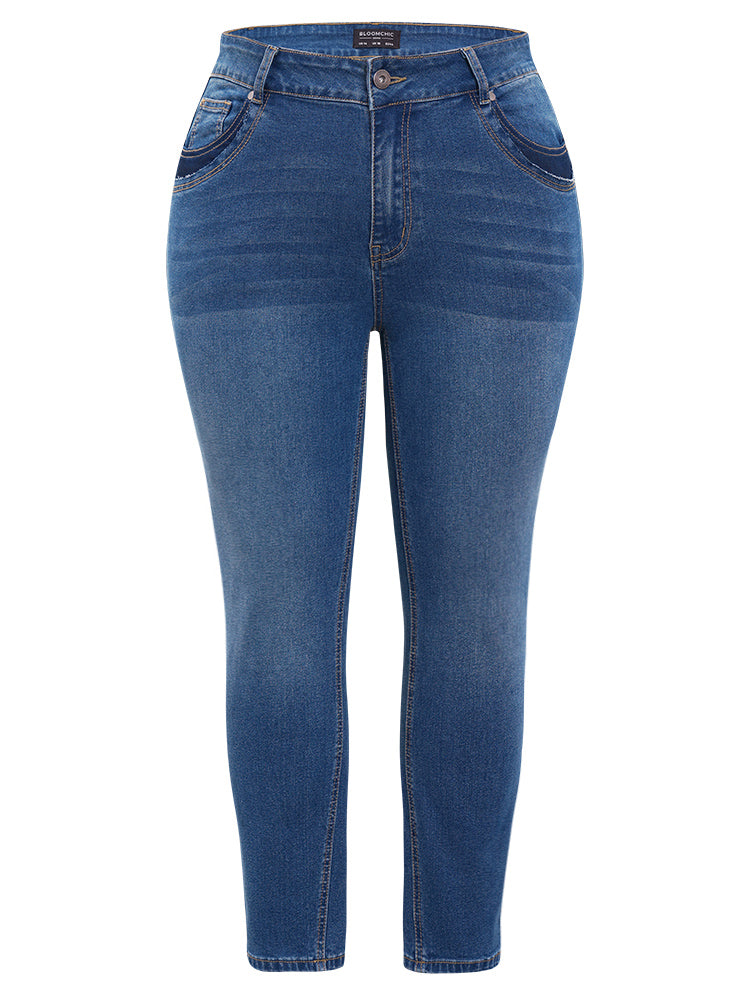 Very Stretchy High Rise Medium Wash Patched Patchwork Jeans