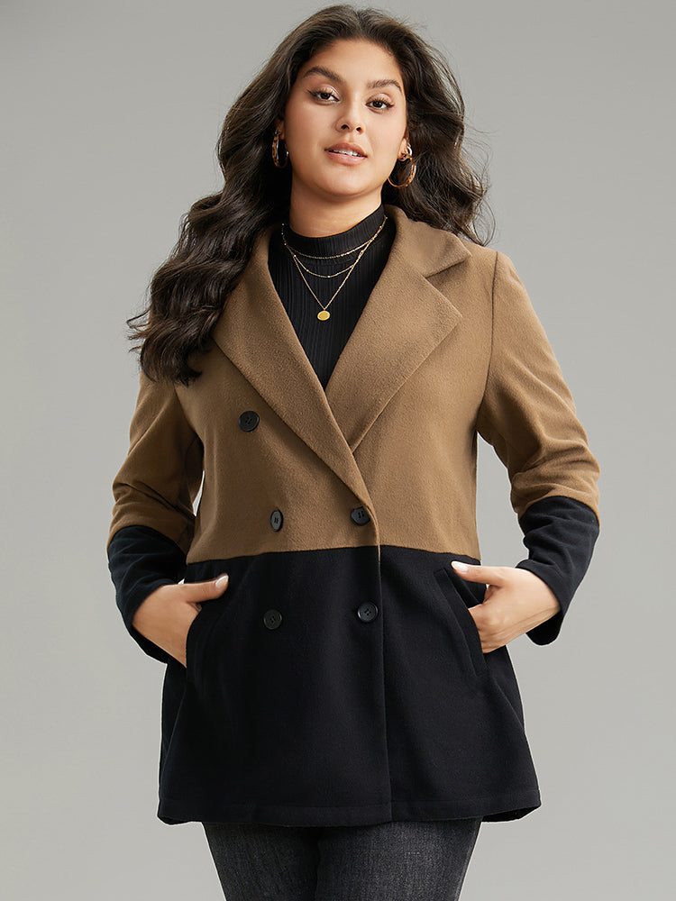 Contrast Lapel Collar Double Breasted Pocket Coat