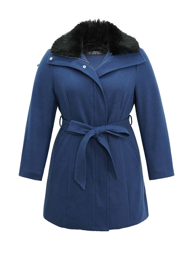 Plain Fuzzy Trim Zipper Belted Coat