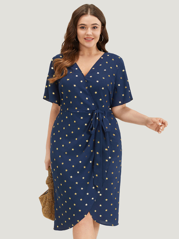 Star Wrap Ties Pocket Ruffle Sleeve Dress