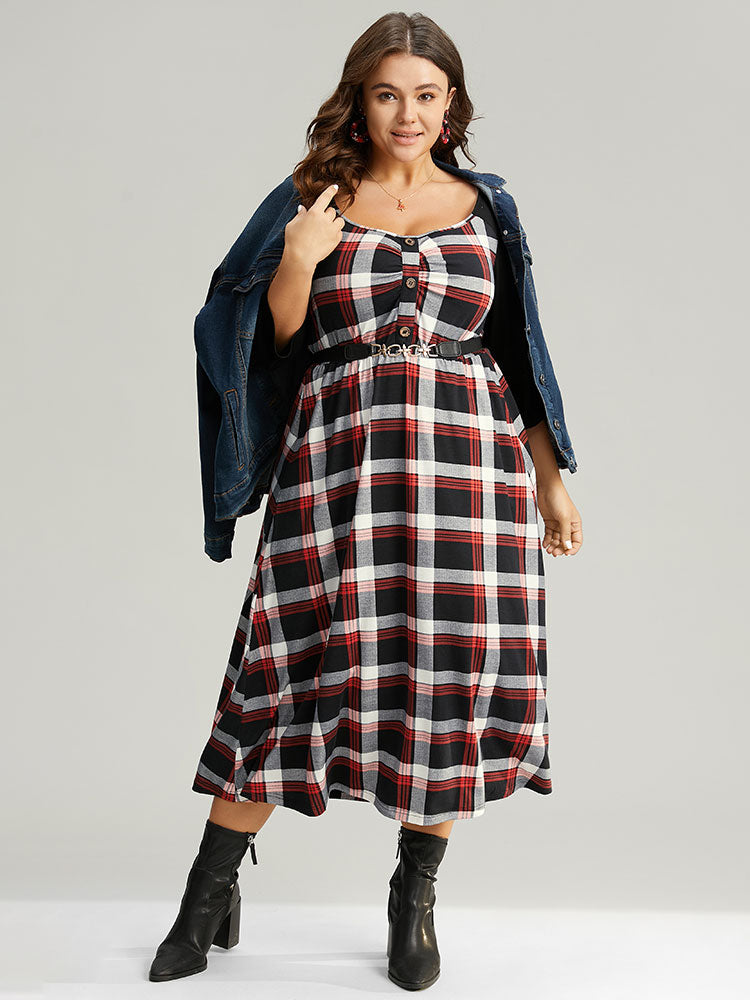 Christmas Plaid Patchwork Pleated Square Neck Dress