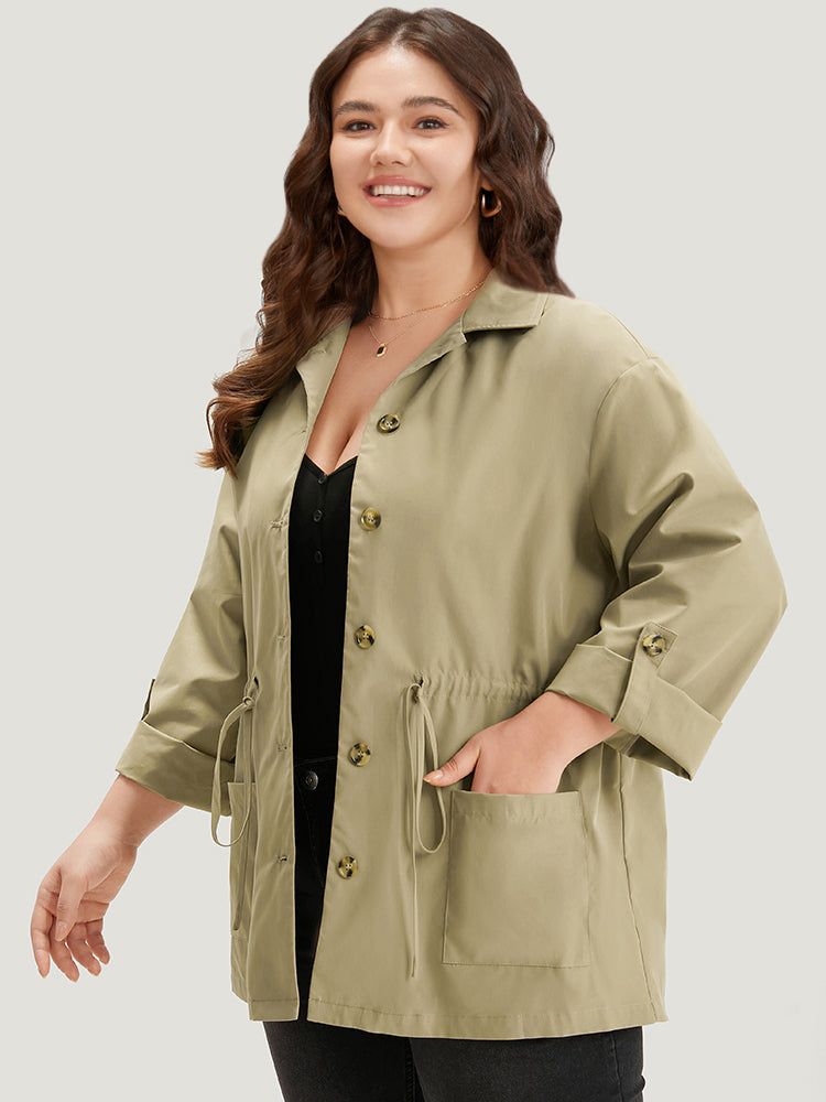 Plain Button Fly Pocket Drawstring Cuffed Sleeve Jacket