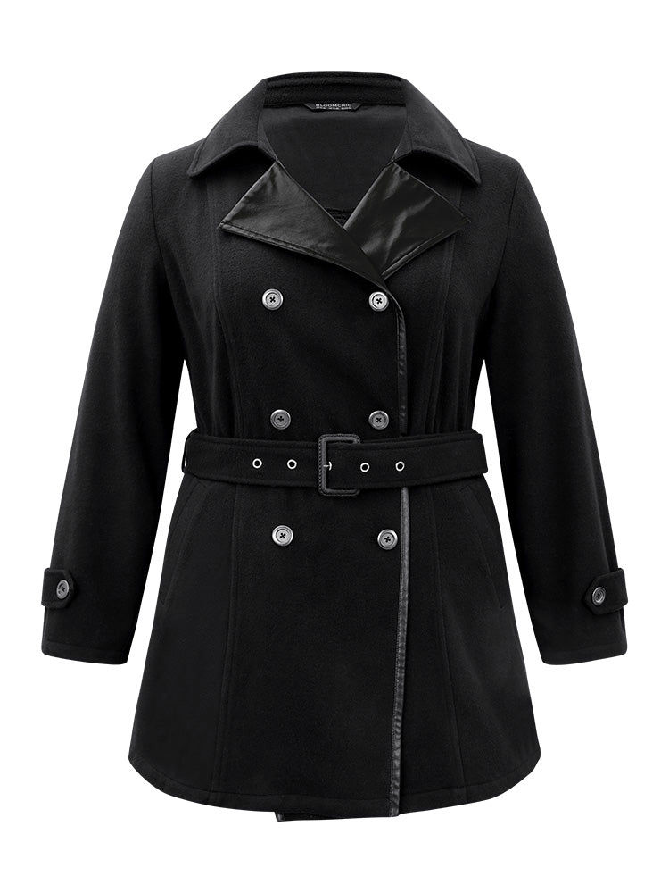 PU Leather Patchwork Lapel Collar Double Breasted Belted Coat