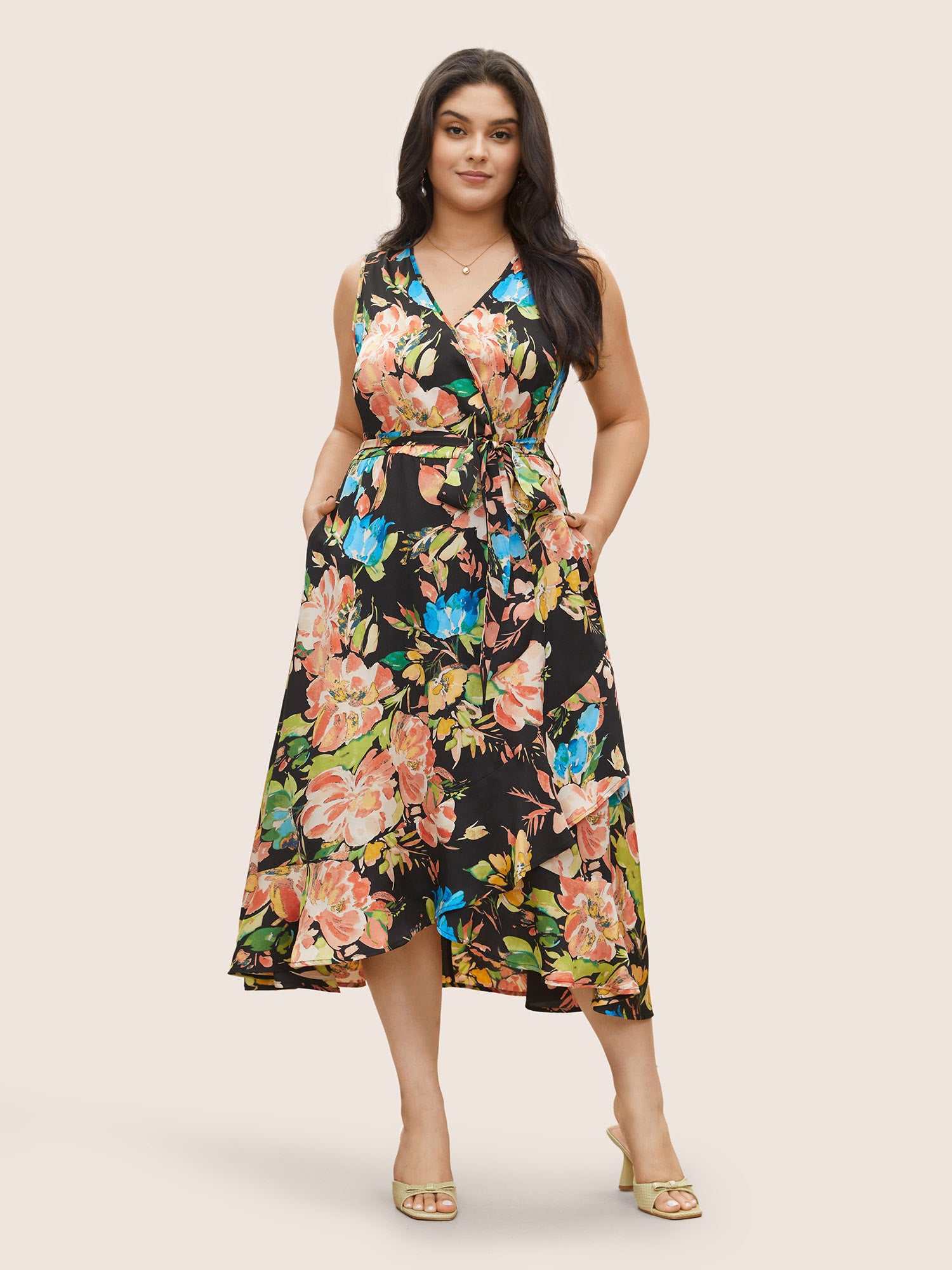 Surplice Neck Floral Print Belted Tank Dress