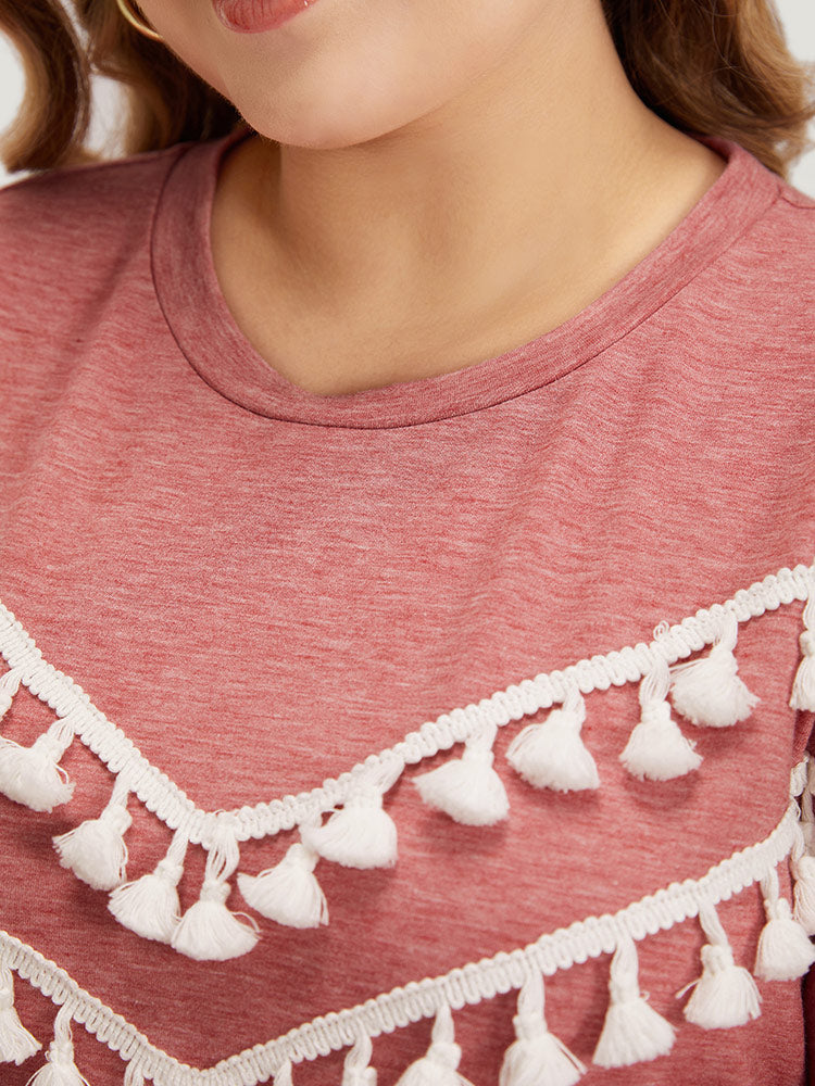 plain Heather Crew Neck Tassel Trim Sweatshirt
