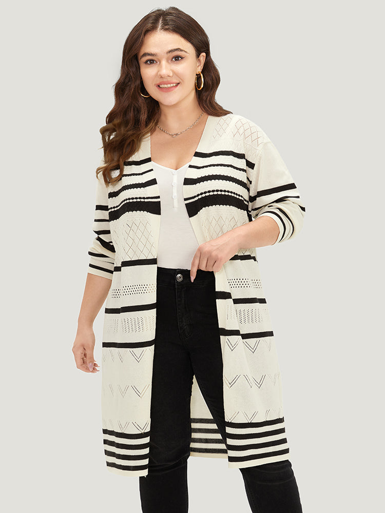 Striped Eyelet Open Front Maxi Cardigan