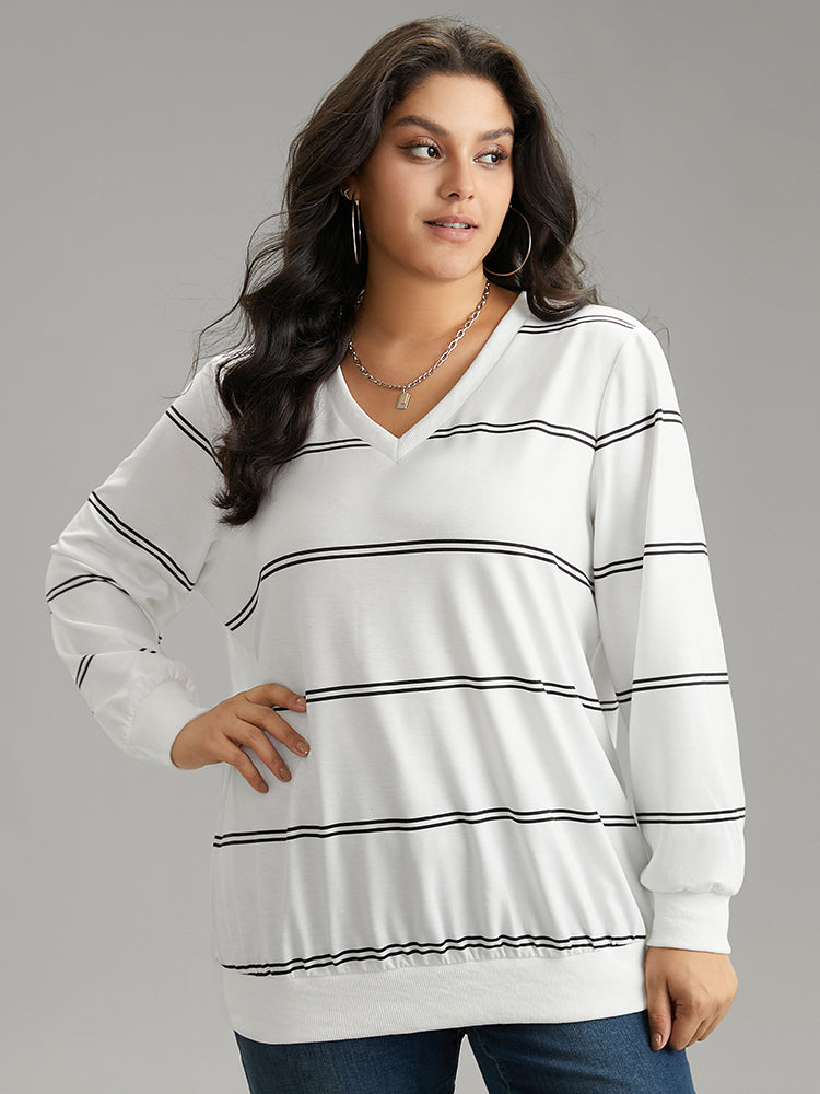 Rib Knit Striped V Neck Sweatshirt