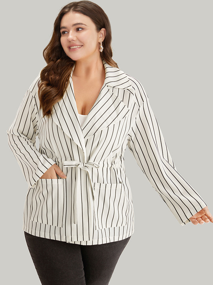 Striped Suit Collar Drawstring Patch Pocket Jacket