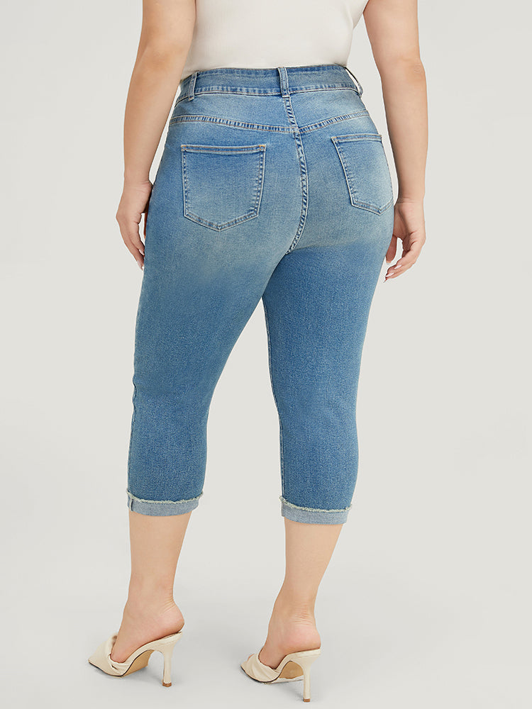 Very Stretchy High Rise Medium Wash Roll Hem Cropped Jeans