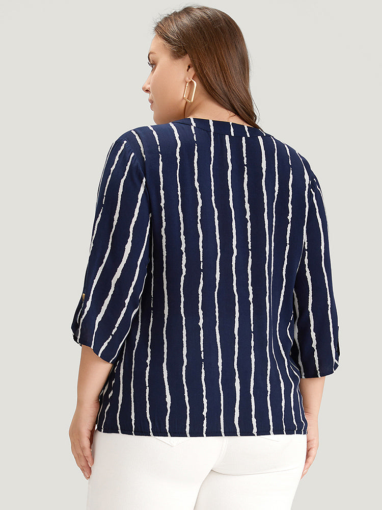 Striped Notched Three Quater Length Sleeve Blouse
