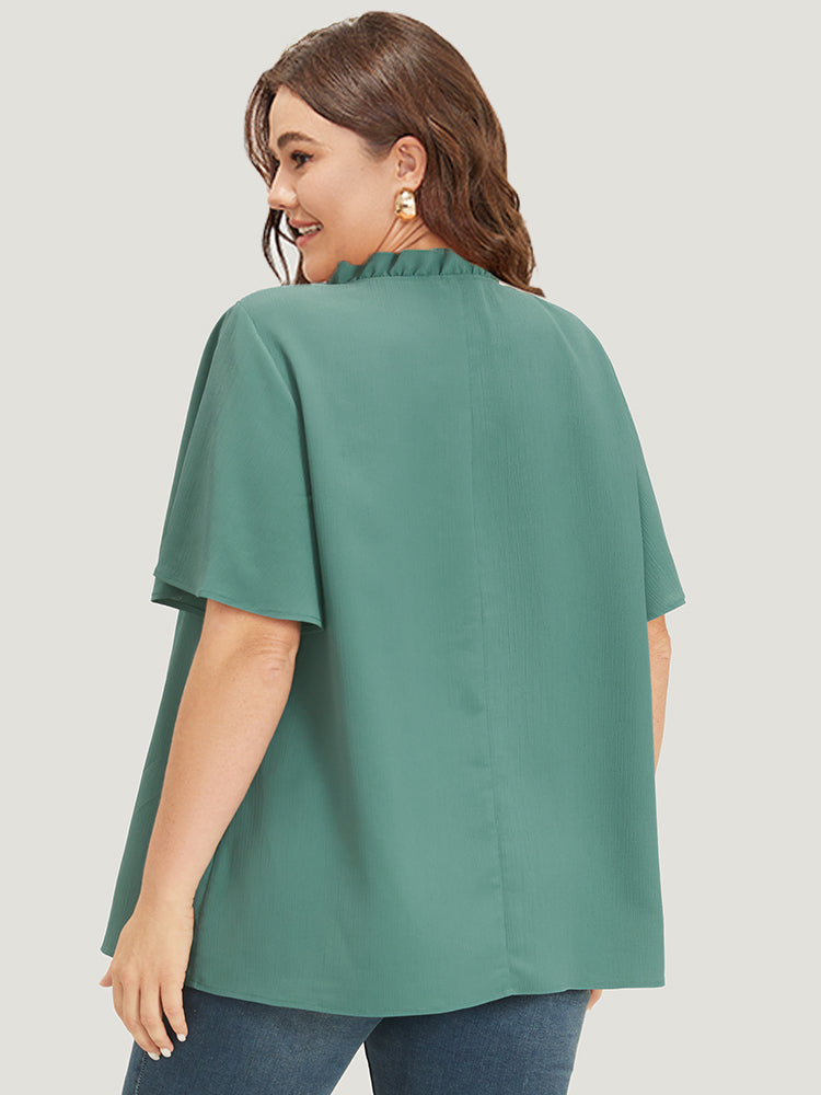 Plain Shirred Button Through Frill Trim Stand Collar Blouse