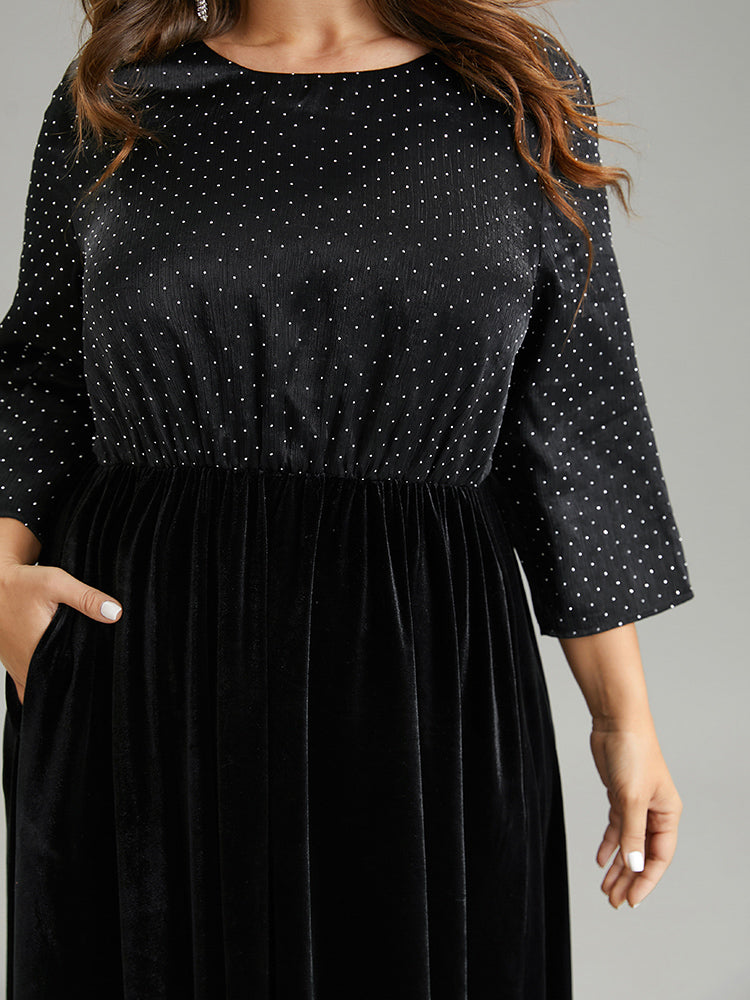 Rhinestone Patchwork Velvet Elastic Waist Dress