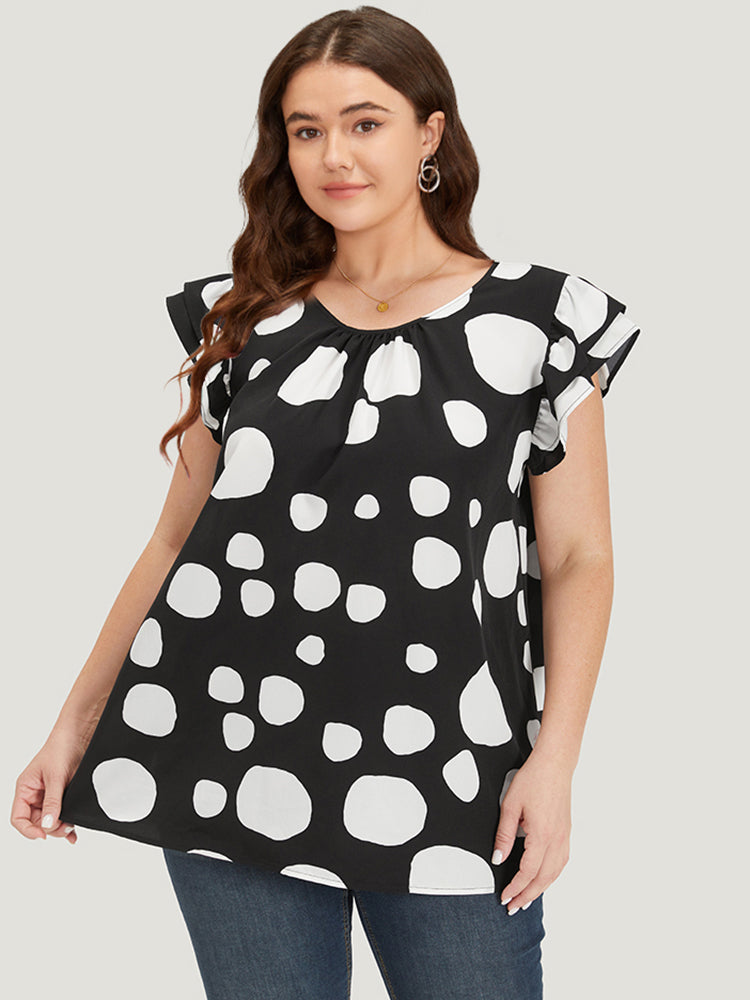 Polka Dot Flutter Cap Sleeve Tiered Blouse