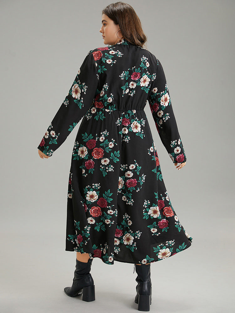 Floral Print Shirred Mock Neck Dress