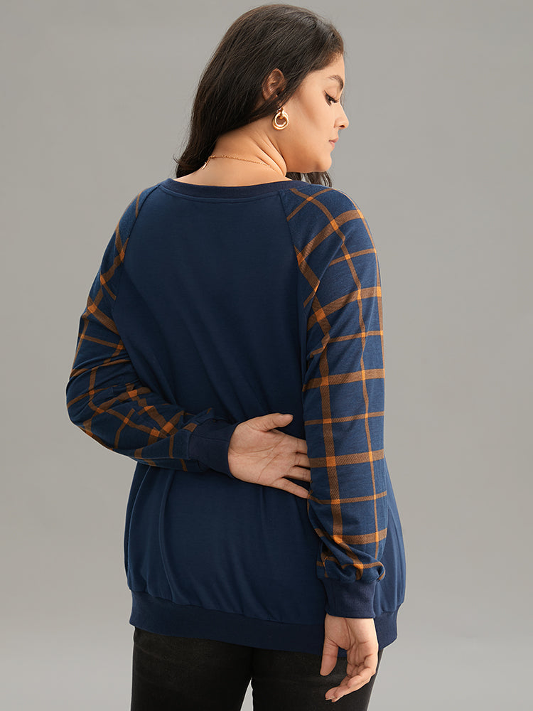 Plaid Two Tone Patchwork Rib Knit Sweatshirt