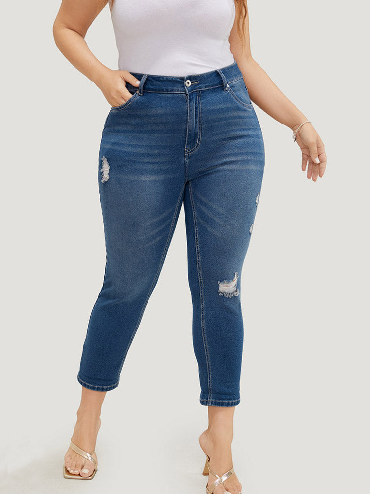 Very Stretchy High Rise Dark Wash Ripped Detail Cropped Jeans