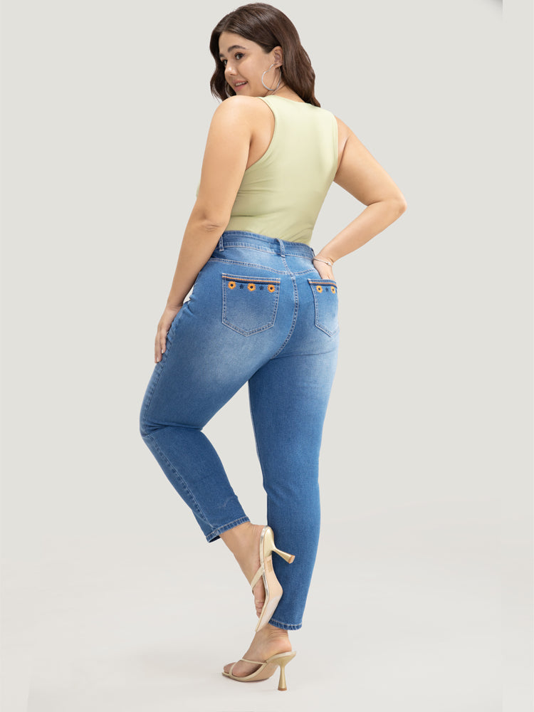 Very Stretchy High Rise Medium Wash Floral Embroidered Jeans