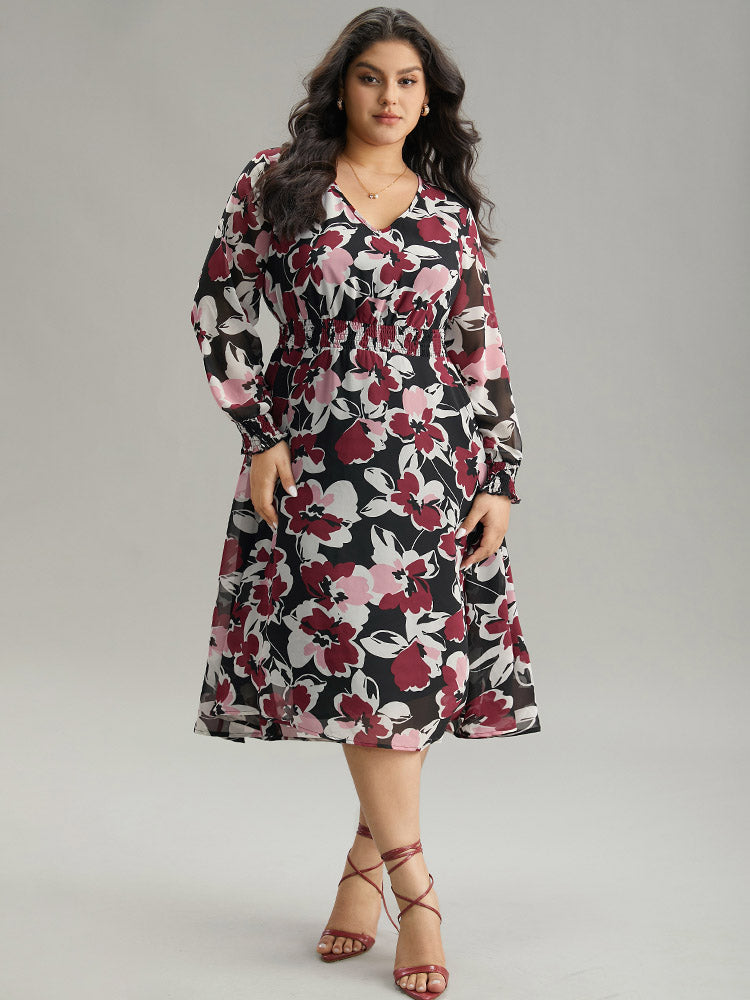 Plus Size Dresses | Floral Print Chiffon Shirred Elastic Cuffs Dress ...