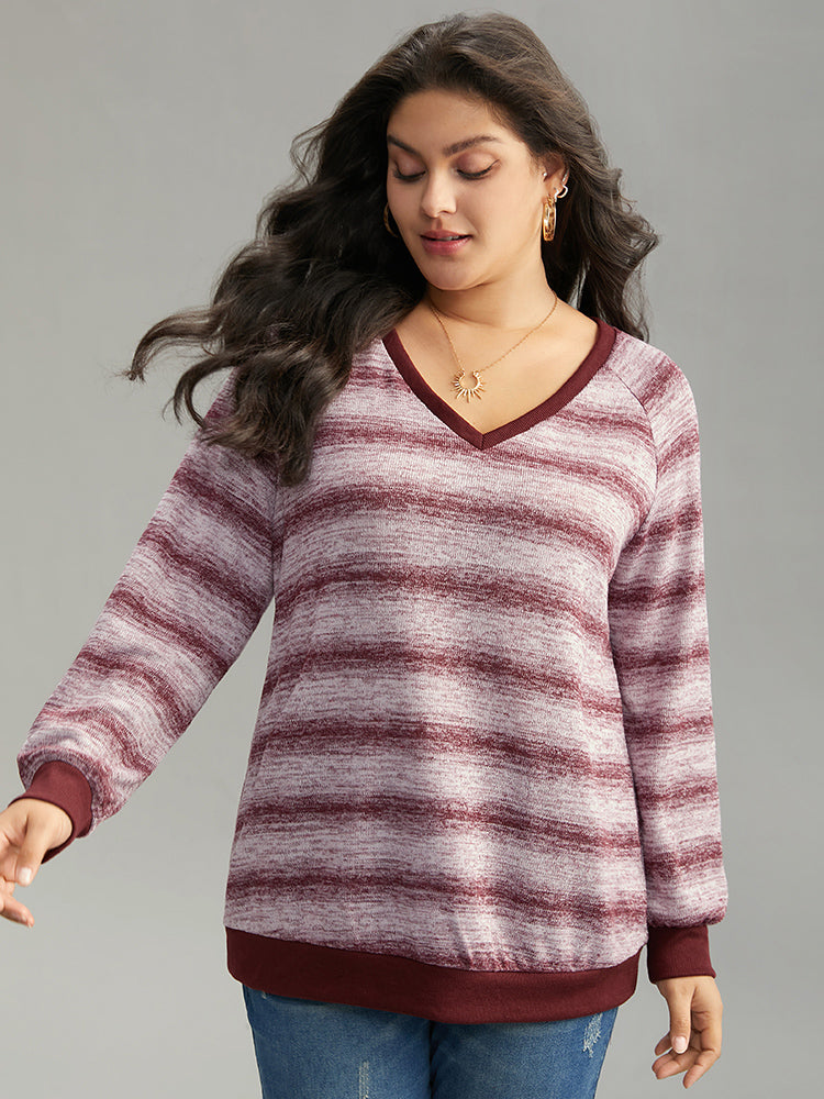 Striped Ombre Rib Knit Elastic Cuffs Sweatshirt
