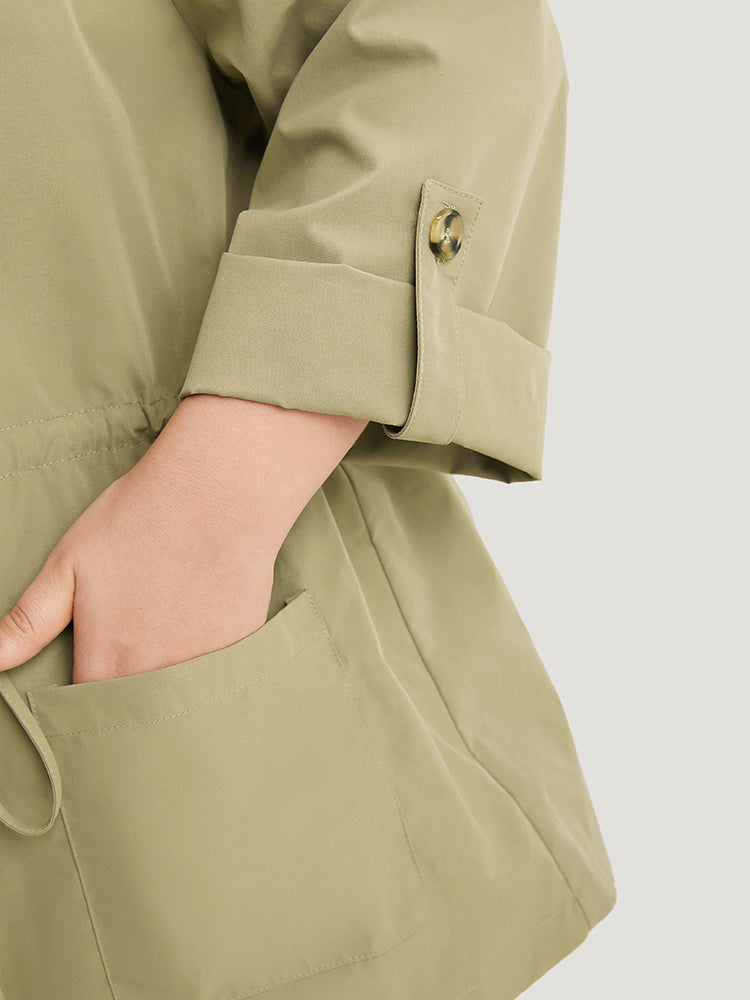 Plain Button Fly Pocket Drawstring Cuffed Sleeve Jacket