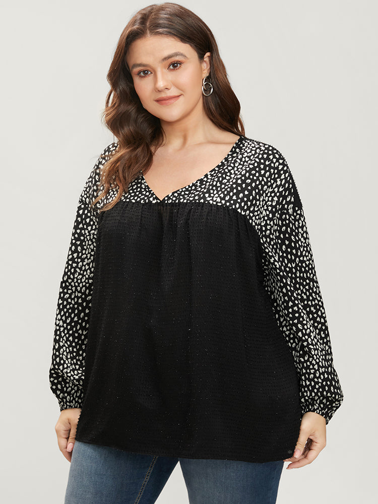 Leopard Patchwork Raglan Sleeve V Neck Blouse