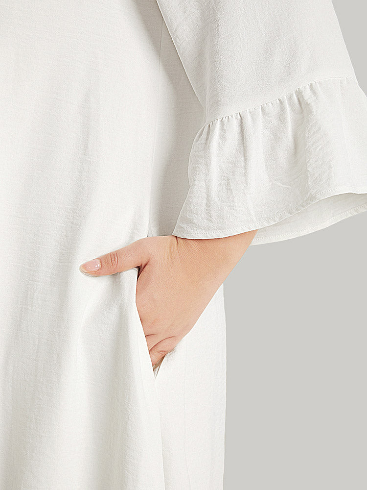 Solid Pocket Ties Tassels Bell Sleeve Dress