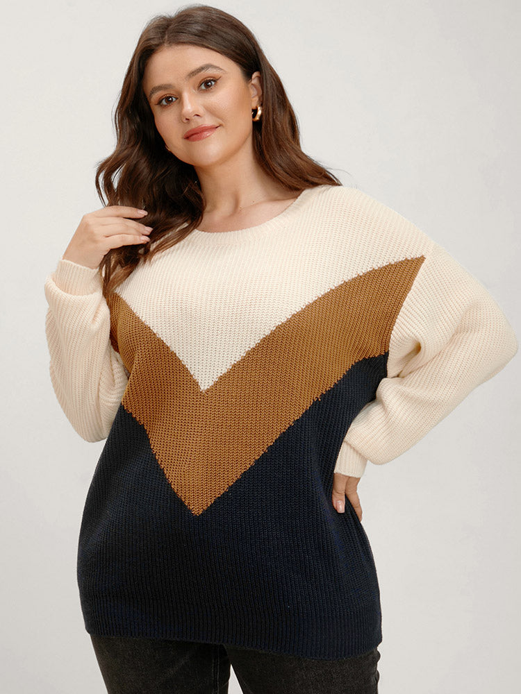 Colorblock Contrast Pointelle Knit Round Neck Knit Top BloomChic