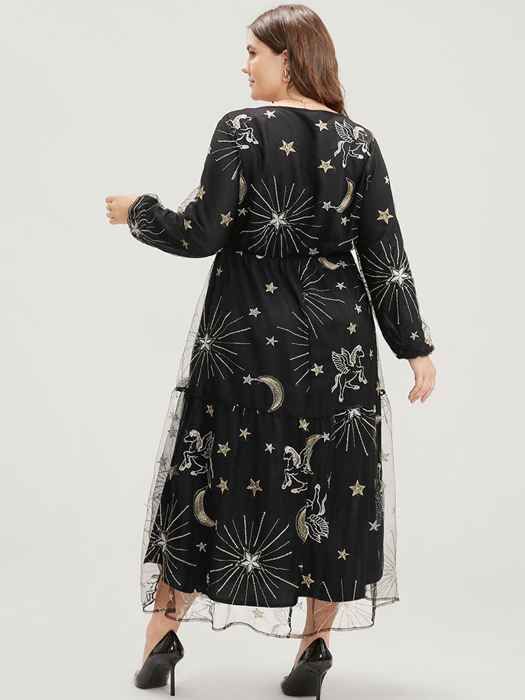 Moon And Star Pocket Lantern Sleeve Embroidered Mesh Dress