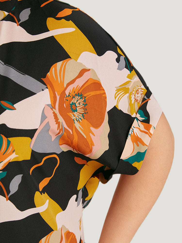 Floral Print Notched Cuffed Sleeve Blouse
