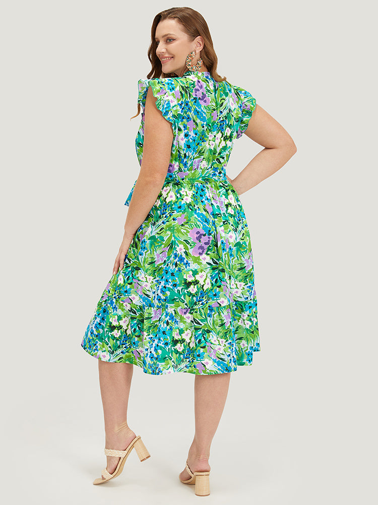 Pixel Flower Ruffle Trim Pocket Belt Mock Neck Knee Dress – BloomChic