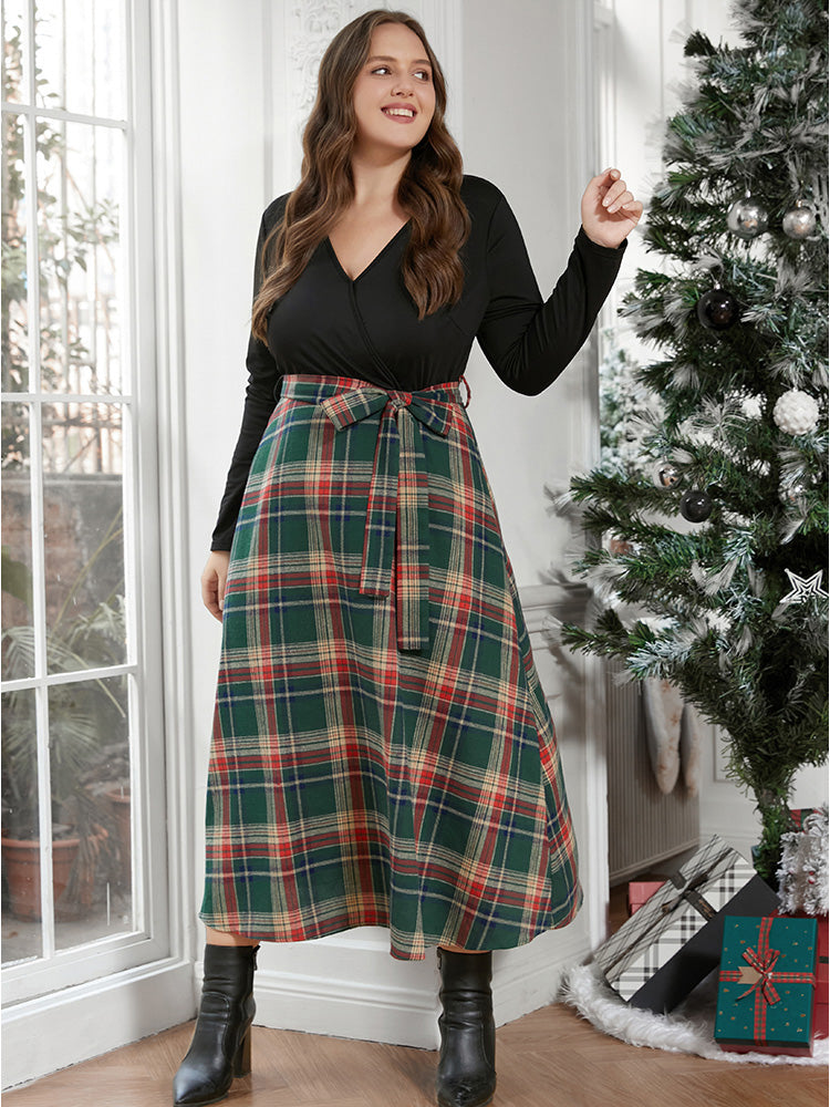 Solid Patchwork Surplice Neck Belted Plaid Dress