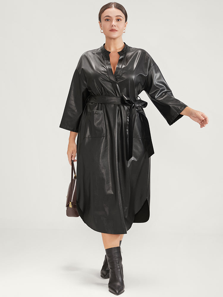 PU Leather Pocket Belted Arc Hem Dress