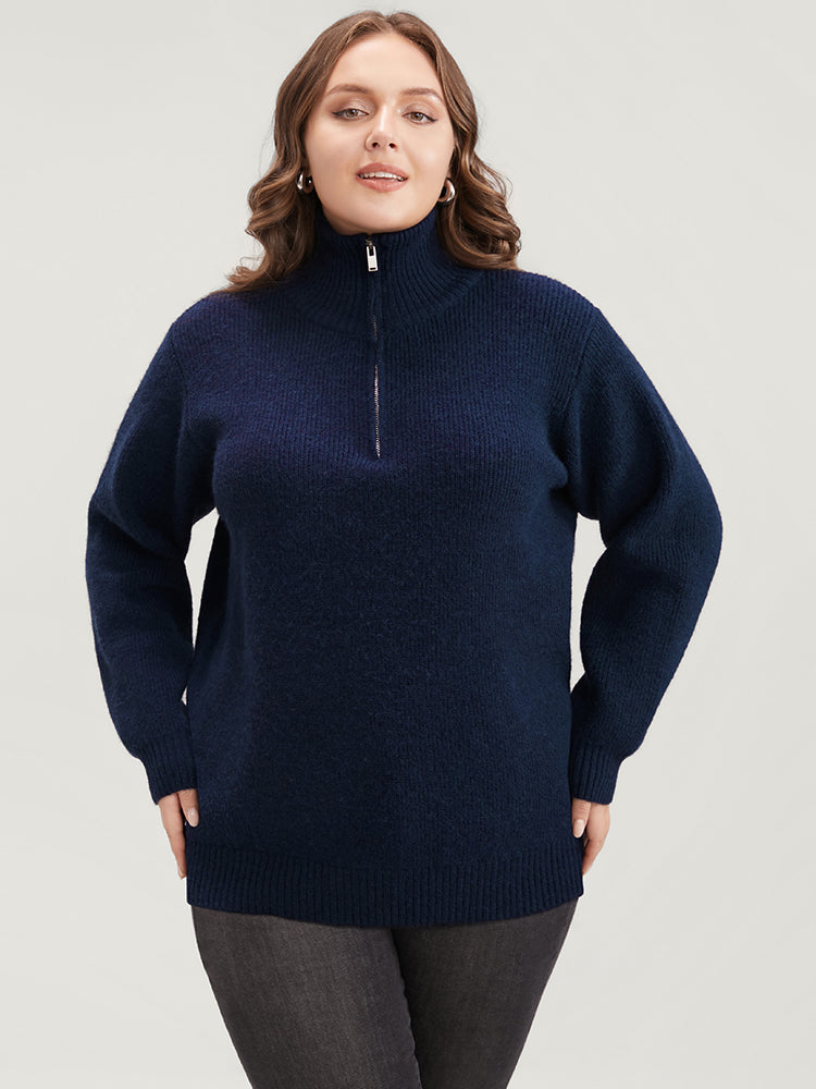 Solid Super Soft Plush Knit Zip Neck Knit Top
