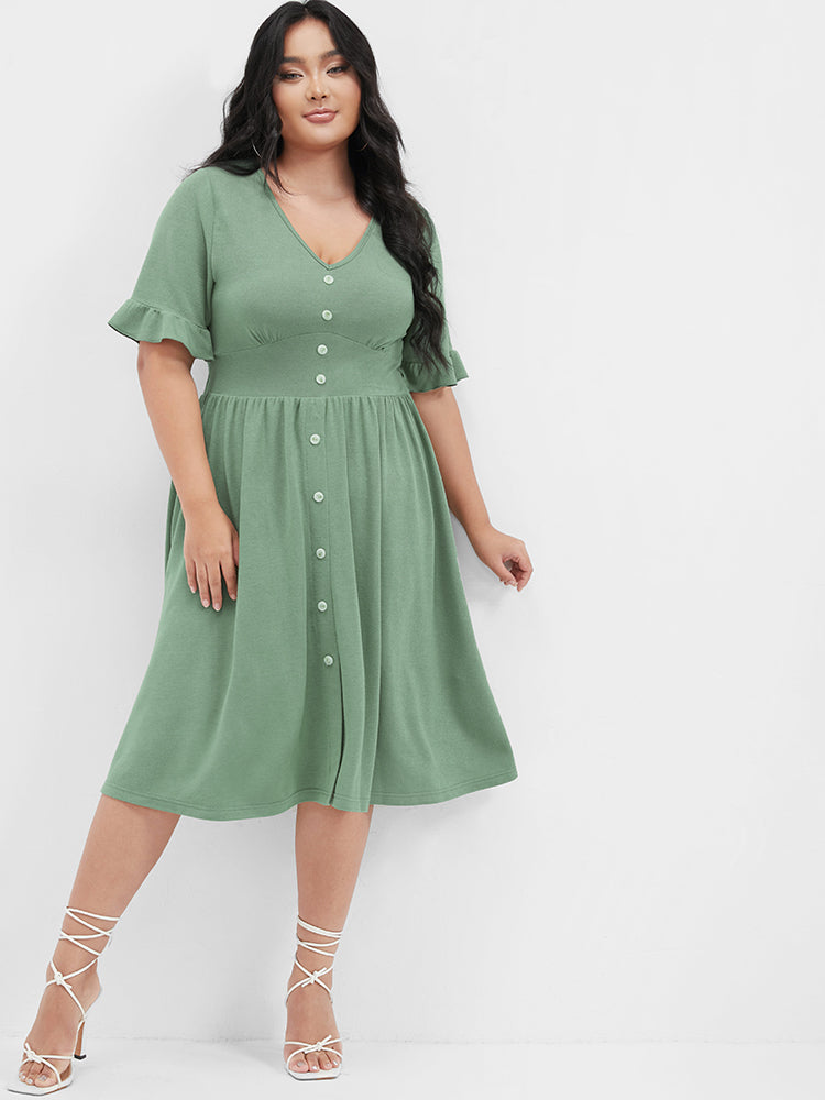 Solid Shirred Ruffles Button V Neck Midi Dress – BloomChic