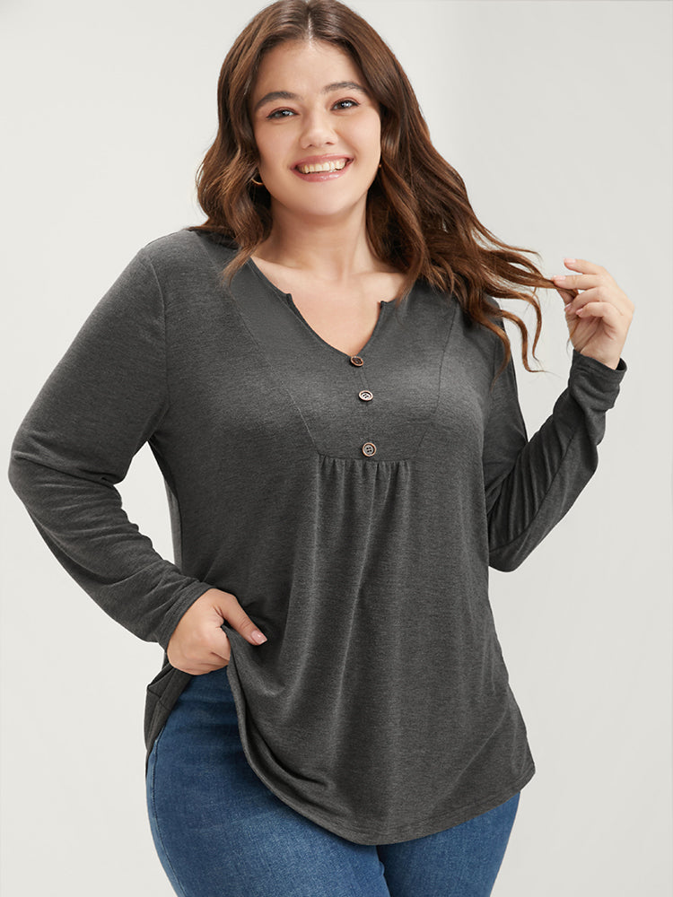 Solid V Neck Button Detail Long Tee