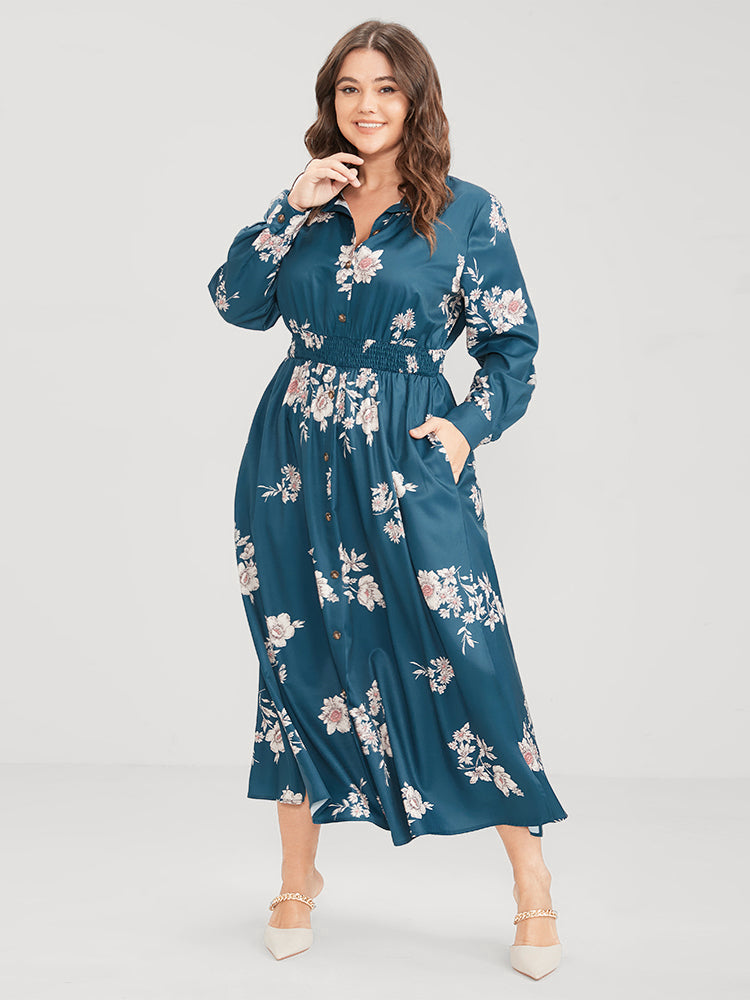 Floral Button Up Pocket Split Shirred Shirt Collar  Dress