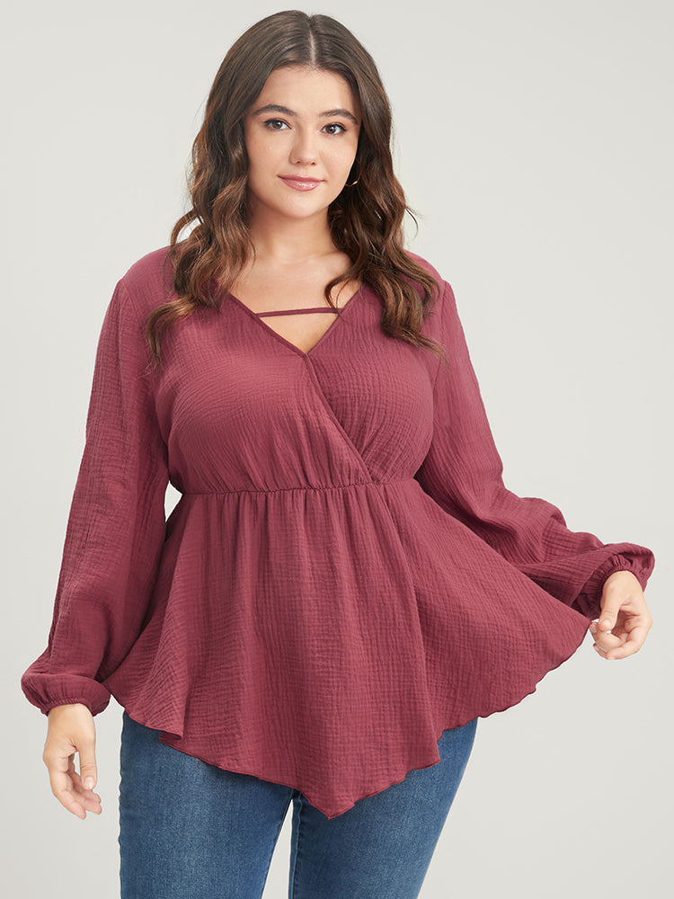 Solid Lantern Sleeve Asymmetrical Hem Wrap Blouse – BloomChic