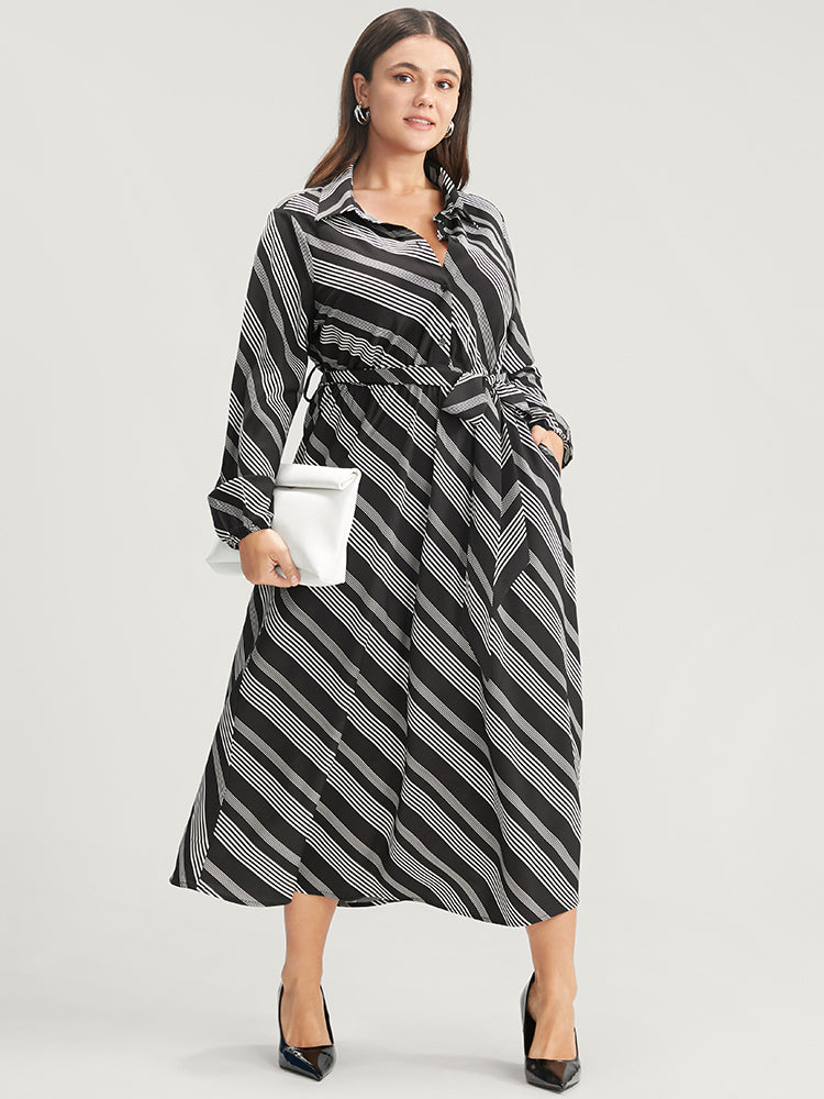 Striped Lantern Sleeve Pocket Belted Lapel Collar Dress