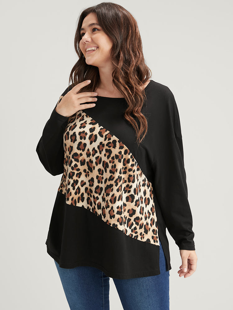 Leopard Drop Shoulder Split Long Tee
