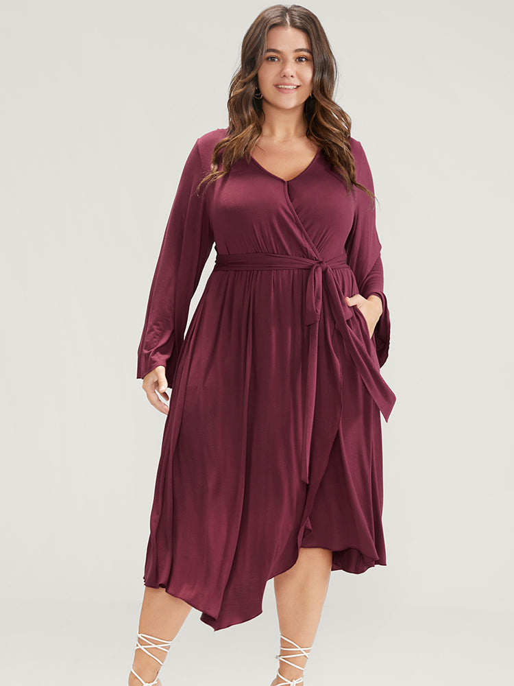 Solid Wrap Knotted Front Pocket Bell Sleeve Asymmetrical Hem Dress