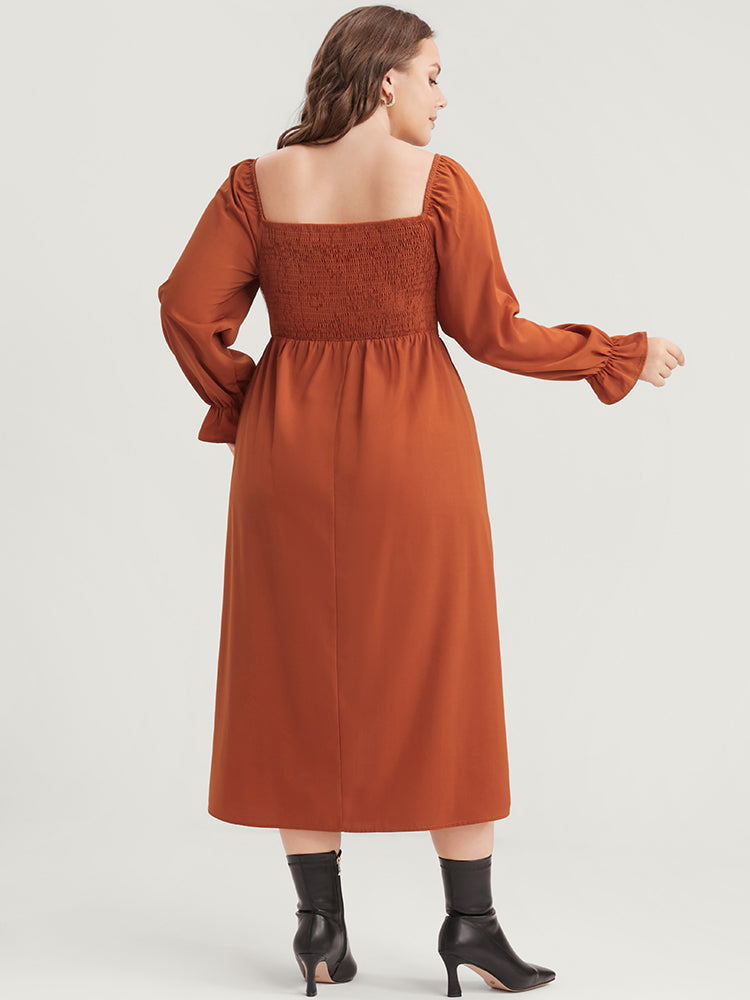 Solid Shirred Square Neck Lantern Sleeve Split Hem Dress