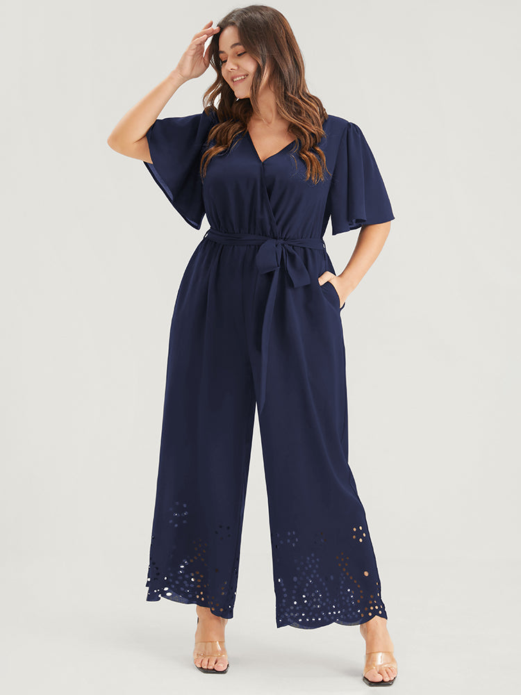 Plain Scalloped Pocket Ruffles Button Belted Laser Cut Wrap Jumpsuit ...